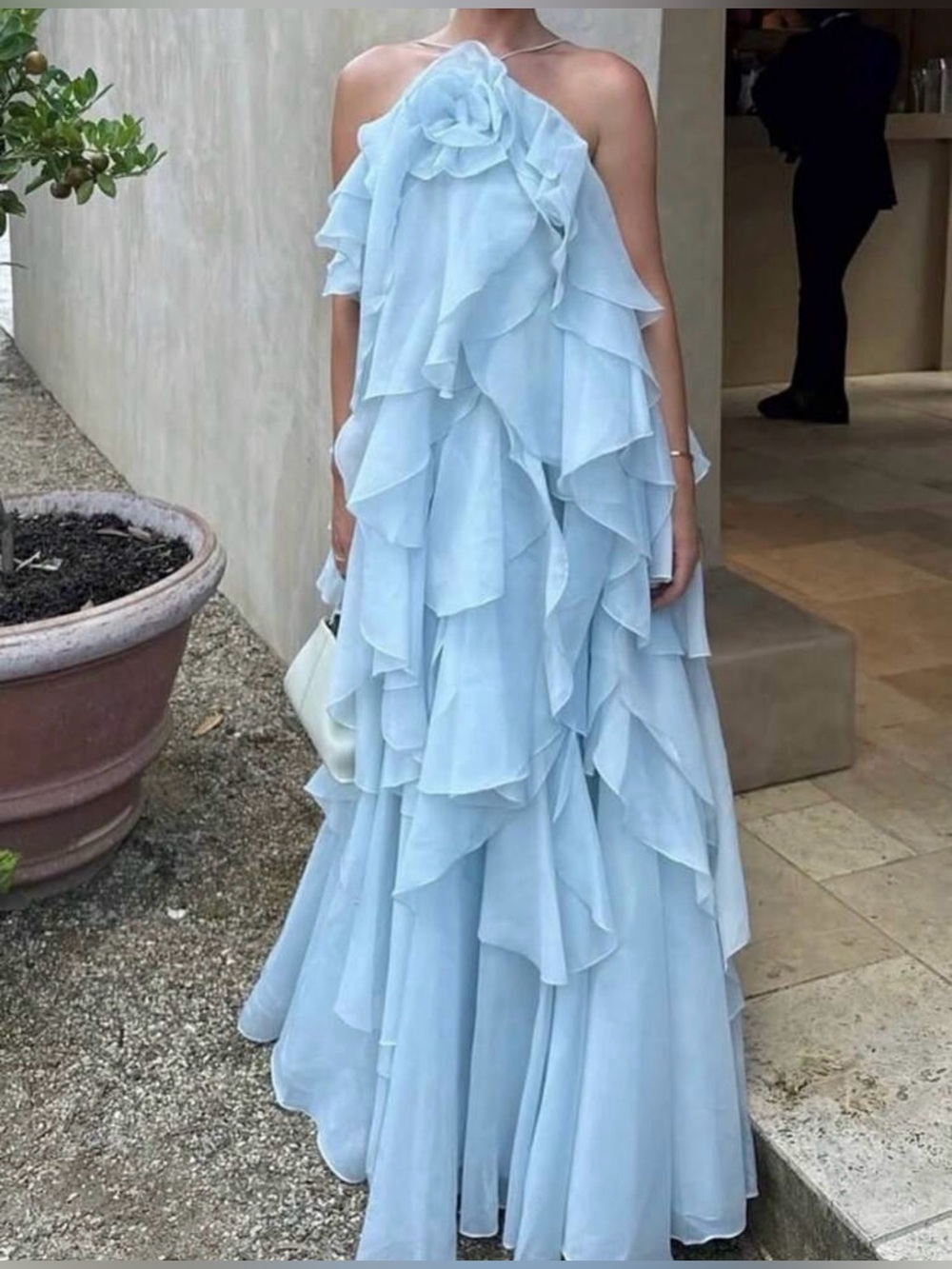 Elegant Light Blue Ruffled Halter Evening Dress Size S NWOT